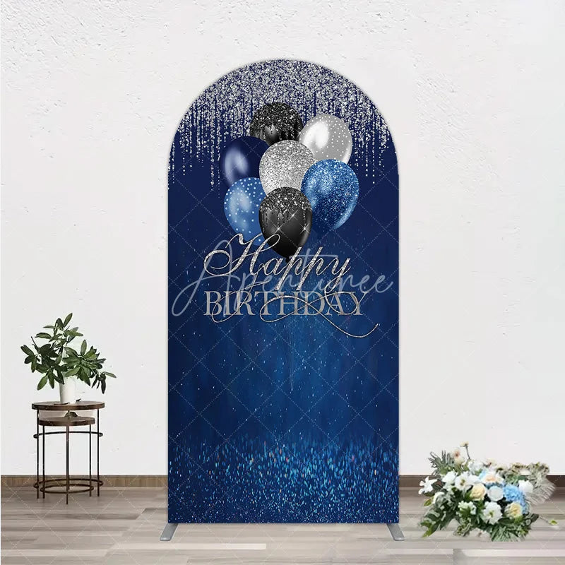 Aperturee - Aperturee Blue Silver Happy Birthday Arch Backdrop Balloon Glitter Rain Party Decor