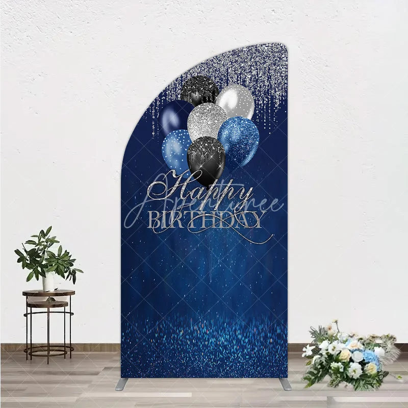 Aperturee - Aperturee Blue Silver Happy Birthday Half Moon Arch Backdrop Balloon Glitter Rain Party Decor