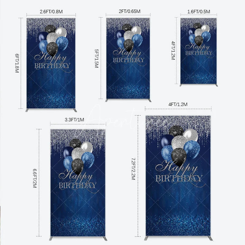 Aperturee - Aperturee Blue Silver Happy Birthday Rectangle Backdrop Balloon Glitter Rain Party Decor