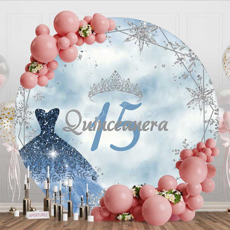 Aperturee Aperturee Blue Silver Snowflake Quinceanera 15 Round Backdrop