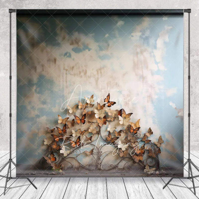 Aperturee - Aperturee Blue Sky and Butterfly Headboard Backdrop Monarch Butterfly Garden Photography Background