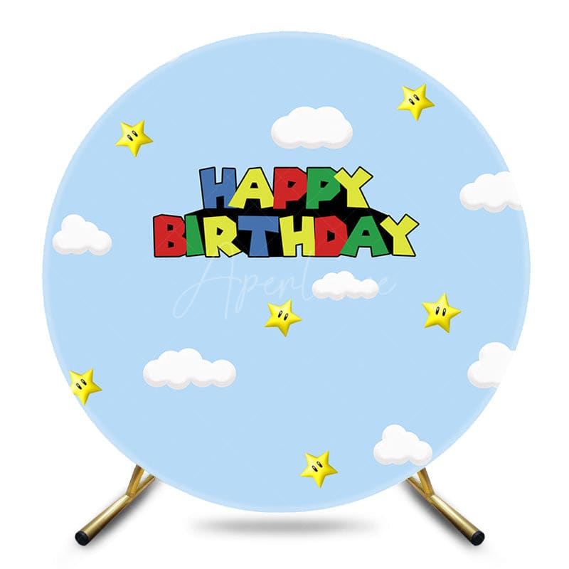 Aperturee - Aperturee Blue Sky Cloud Stars Round Happy Birthday Backdrop