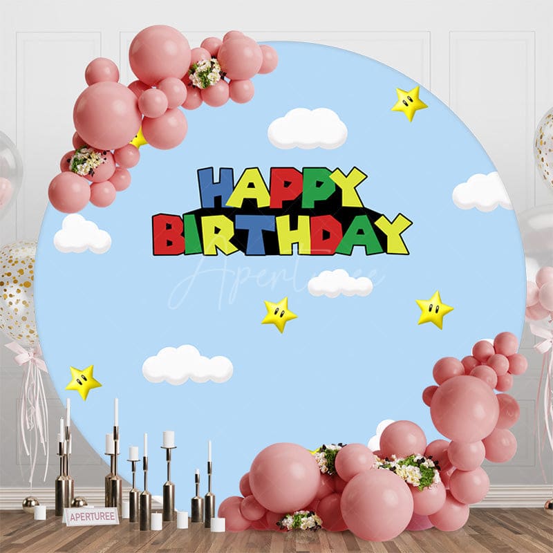 Aperturee - Aperturee Blue Sky Cloud Stars Round Happy Birthday Backdrop