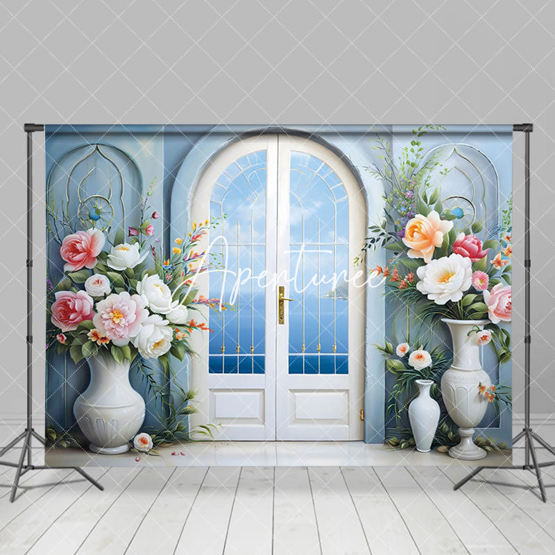 Aperturee - Aperturee Blue Sky Floral Window Door Wedding Photo Backdrop