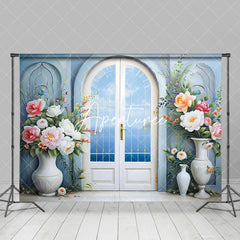 Aperturee - Aperturee Blue Sky Floral Window Door Wedding Photo Backdrop