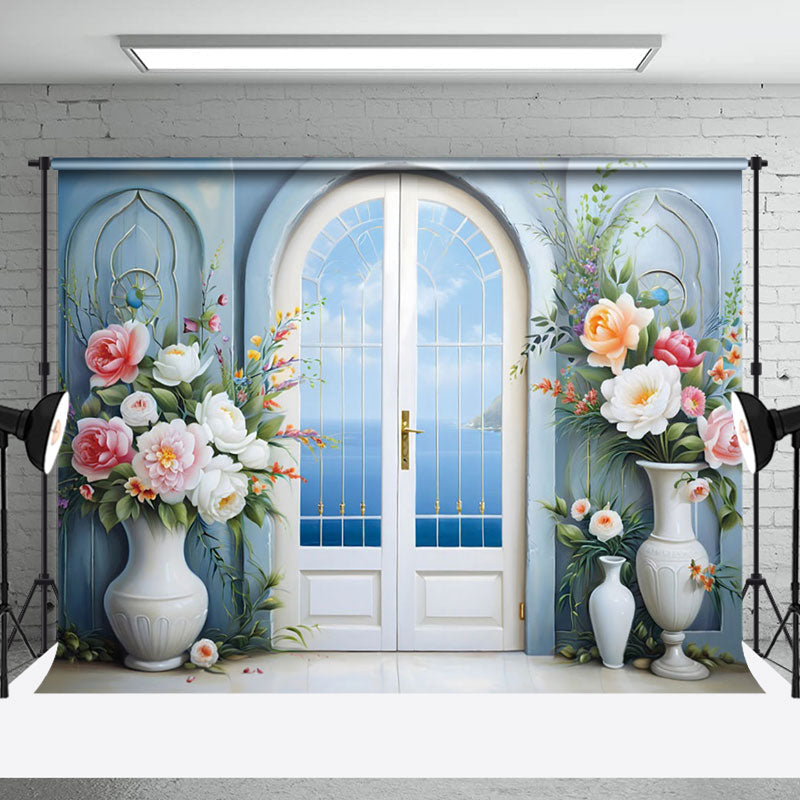 Aperturee - Aperturee Blue Sky Floral Window Door Wedding Photo Backdrop