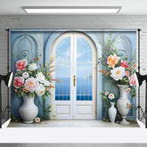 Aperturee - Aperturee Blue Sky Floral Window Door Wedding Photo Backdrop