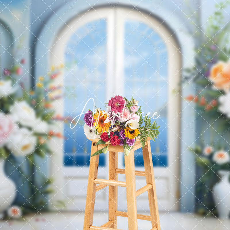 Aperturee - Aperturee Blue Sky Floral Window Door Wedding Photo Backdrop