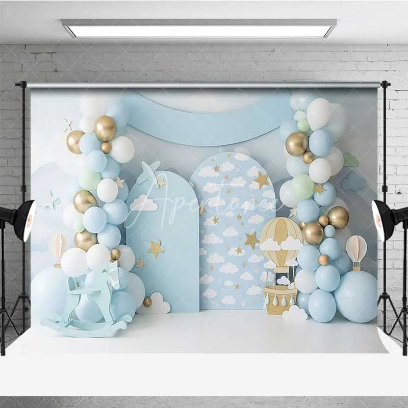 Aperturee - Aperturee Blue Sky Hot Air Balloon Backdrop Gold Stars Clouds Rocking Horse Photography Background Baby Shower Decoration