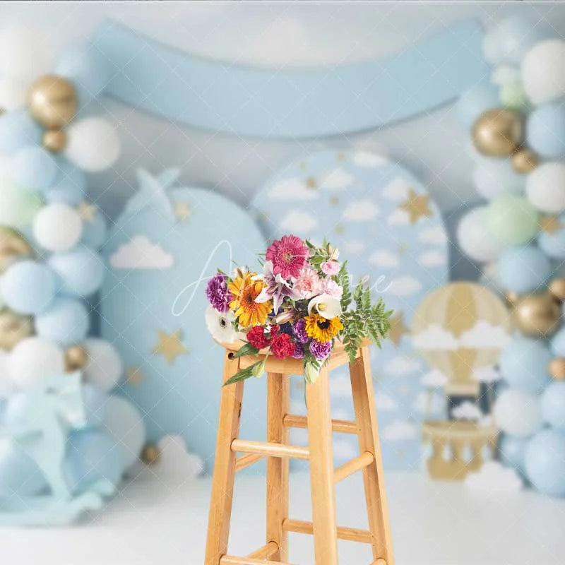 Aperturee - Aperturee Blue Sky Hot Air Balloon Backdrop Gold Stars Clouds Rocking Horse Photography Background Baby Shower Decoration