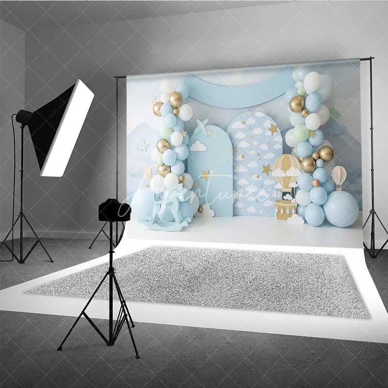 Aperturee - Aperturee Blue Sky Hot Air Balloon Backdrop Gold Stars Clouds Rocking Horse Photography Background Baby Shower Decoration