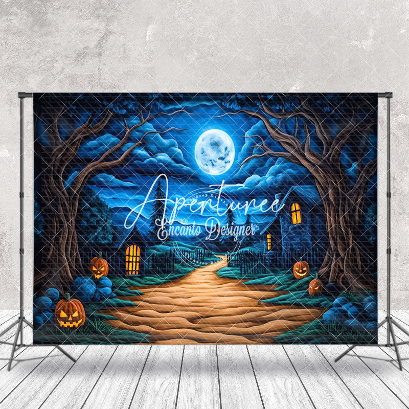 Aperturee - Aperturee Blue Sky Moon Night Pumpkin Halloween Photo Backdrop