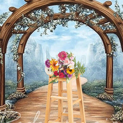 Aperturee - Aperturee Blue Sky Mountain Spring Floral Arch Photo Backdrop
