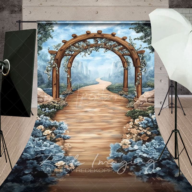 Aperturee - Aperturee Blue Sky Mountain Spring Floral Arch Sweep Backdrop