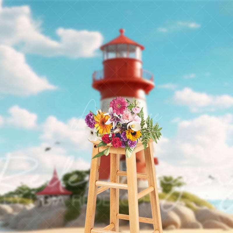 Aperturee - Aperturee Blue Sky Seaside Reef Lighthouse Photo Backdrop