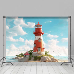 Aperturee - Aperturee Blue Sky Seaside Reef Lighthouse Photo Backdrop