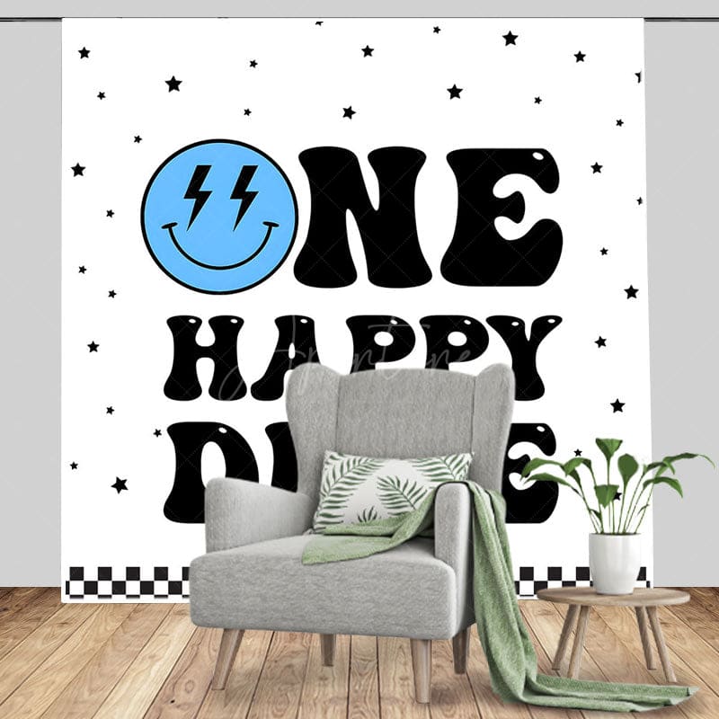 Aperturee - Aperturee Blue Smiley Face One Happy Dude Birthday Backdrop