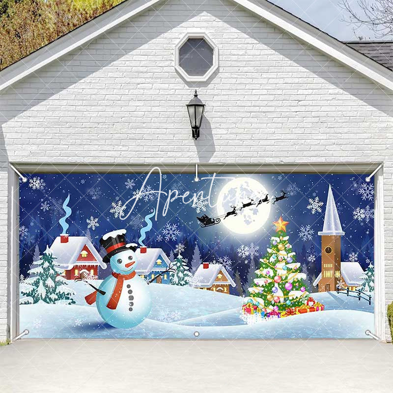 Aperturee - Aperturee Blue Snowy Night Snowman Field Garage Door Banner