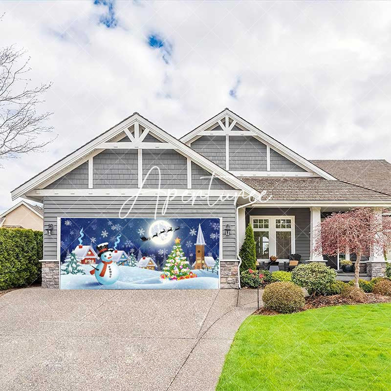 Aperturee - Aperturee Blue Snowy Night Snowman Field Garage Door Banner
