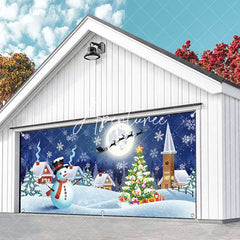 Aperturee - Aperturee Blue Snowy Night Snowman Field Garage Door Banner