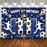 Aperturee - Aperturee Blue Soccer Happy 11th Birthday Backdrop Boys Sports Theme Goal Net and Player Silhouette Party Decor