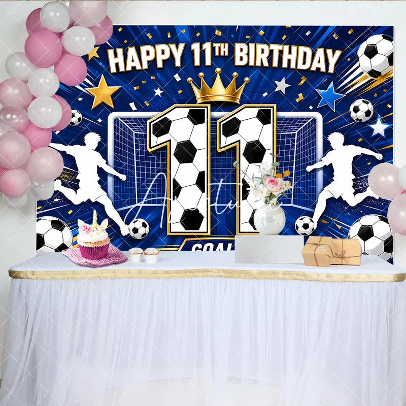 Aperturee - Aperturee Blue Soccer Happy 11th Birthday Backdrop Boys Sports Theme Goal Net and Player Silhouette Party Decor
