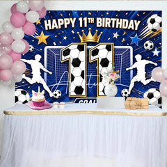 Aperturee - Aperturee Blue Soccer Happy 11th Birthday Backdrop Boys Sports Theme Goal Net and Player Silhouette Party Decor