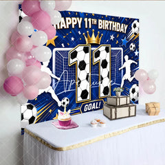 Aperturee - Aperturee Blue Soccer Happy 11th Birthday Backdrop Boys Sports Theme Goal Net and Player Silhouette Party Decor
