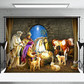 Aperturee - Aperturee Blue Starry Holy Night Nativity Christmas Backdrop