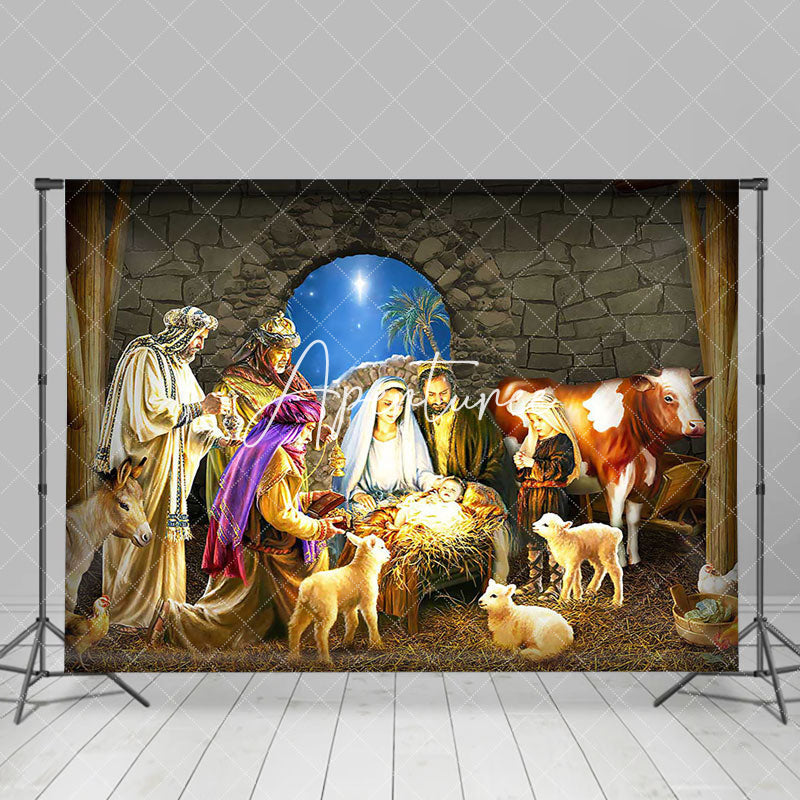 Aperturee - Aperturee Blue Starry Holy Night Nativity Christmas Backdrop
