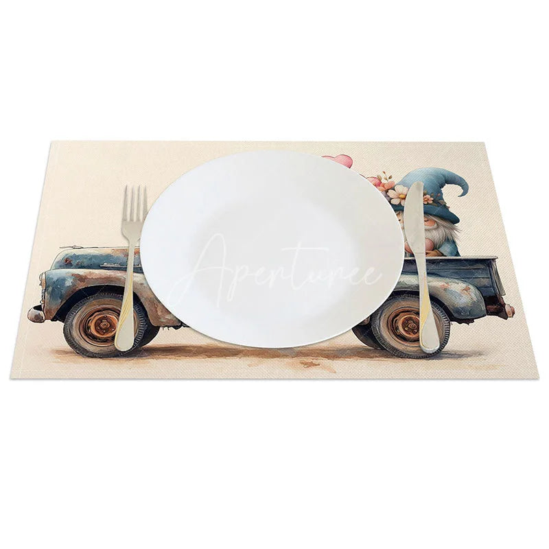 Aperturee - Aperturee Blue Truck Gnome Heart Set of 4 Placemats Valentine Rose Decoration Rustic Farmhouse Dining Table Mat