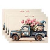 Aperturee - Aperturee Blue Truck Gnome Heart Set of 4 Placemats Valentine Rose Decoration Rustic Farmhouse Dining Table Mat