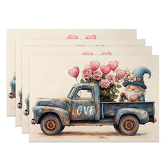 Aperturee - Aperturee Blue Truck Gnome Heart Set of 4 Placemats Valentine Rose Decoration Rustic Farmhouse Dining Table Mat