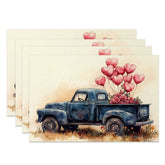 Aperturee - Aperturee Blue Truck Red Heart Balloon Set of 4 Placemats Valentine Rose Decoration Watercolor Romance Table Mat