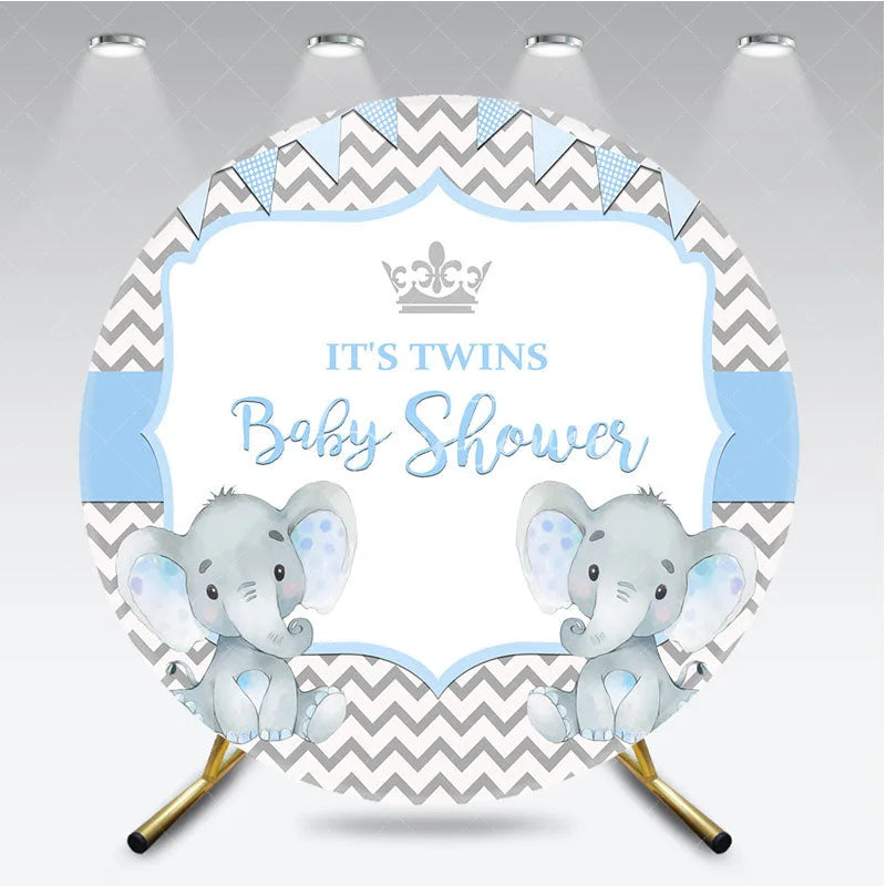 Aperturee - Aperturee Blue Twins Baby Shower Round Backdrop Cute Elephant Chevron Party Decoration It Is Twins Background