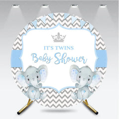 Aperturee - Aperturee Blue Twins Baby Shower Round Backdrop Cute Elephant Chevron Party Decoration It Is Twins Background