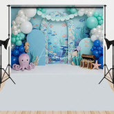 Aperturee - Aperturee Blue Under the Sea Ocean Combo Set Backdrop with Cute Octopus Seahorse and Treasure Chest for Kids Birthday Party