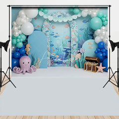 Aperturee - Aperturee Blue Under the Sea Ocean Combo Set Backdrop with Cute Octopus Seahorse and Treasure Chest for Kids Birthday Party