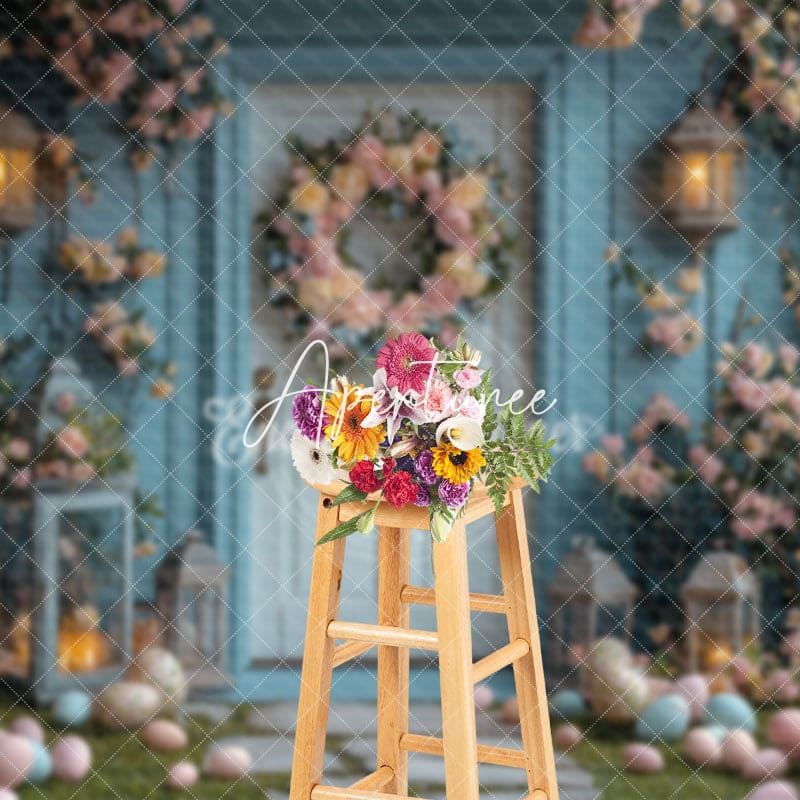 Aperturee - Aperturee Blue Vine Flowers Eggs Door Easter Photo Backdrop