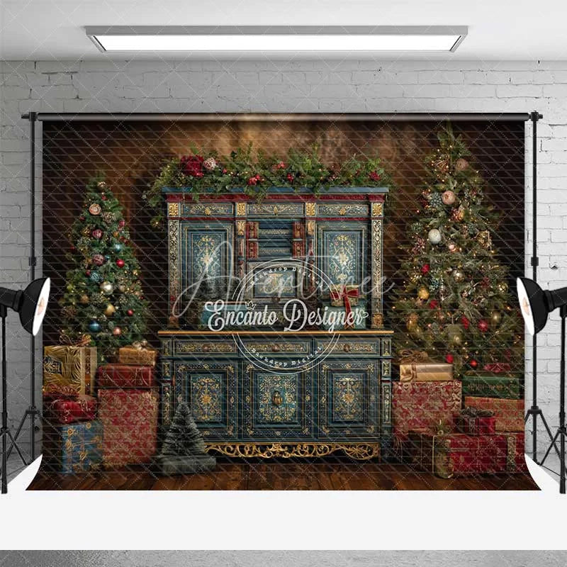 Aperturee - Aperturee Blue Vintage Cabinet Christmas Backdrop Gold Accent Gift Box Photography Background