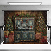 Aperturee - Aperturee Blue Vintage Cabinet Christmas Backdrop Gold Accent Gift Box Photography Background