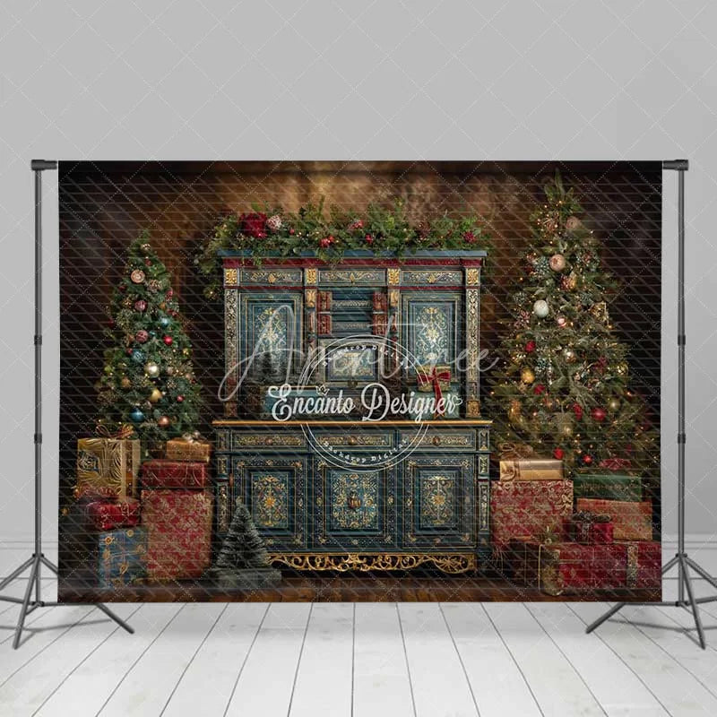 Aperturee - Aperturee Blue Vintage Cabinet Christmas Backdrop Gold Accent Gift Box Photography Background