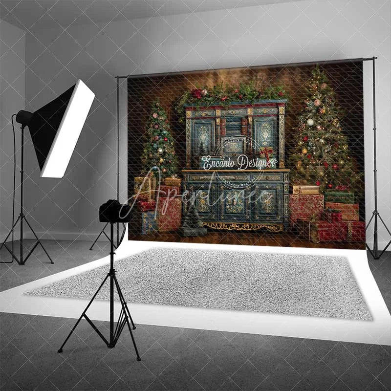 Aperturee - Aperturee Blue Vintage Cabinet Christmas Backdrop Gold Accent Gift Box Photography Background