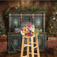 Aperturee - Aperturee Blue Vintage Cabinet Christmas Backdrop Gold Accent Gift Box Photography Background
