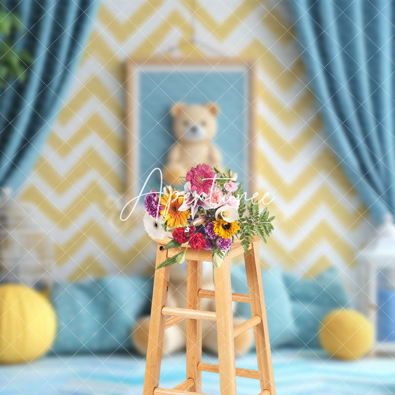 Aperturee - Aperturee Blue Warm Room Yellow Teddy Bear Cake Smash Backdrop