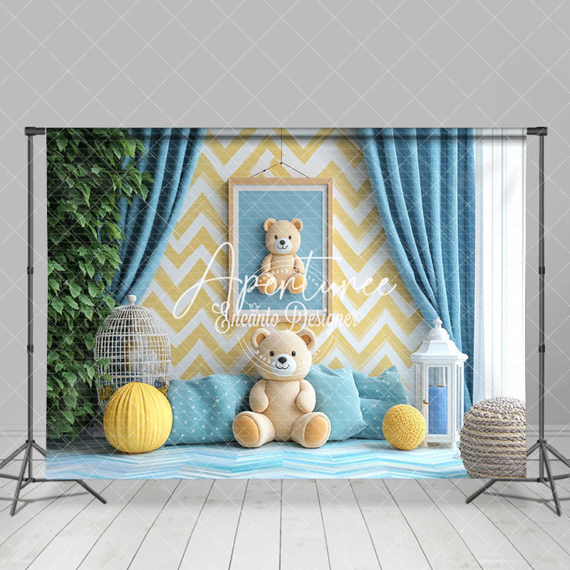 Aperturee - Aperturee Blue Warm Room Yellow Teddy Bear Cake Smash Backdrop