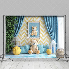 Aperturee - Aperturee Blue Warm Room Yellow Teddy Bear Cake Smash Backdrop