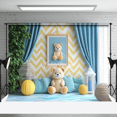 Aperturee - Aperturee Blue Warm Room Yellow Teddy Bear Cake Smash Backdrop