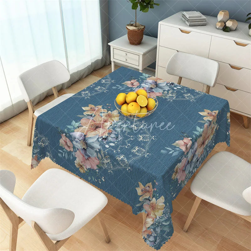 Aperturee - Aperturee Blue Watercolor Floral and Lace Rectangle Tablecloth Elegant Botanical Table Cover for Anniversary Party