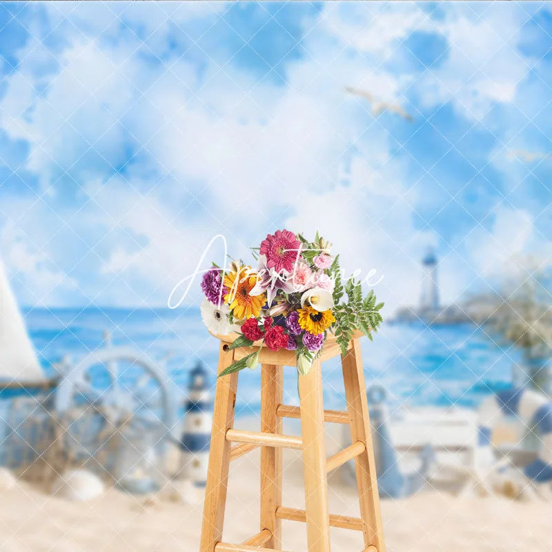Aperturee - Aperturee Blue Watercolor Nautical Beach Photography Backdrop with Sailboat Lighthouse and Ship’s Wheel Summer Baby Shower Decor